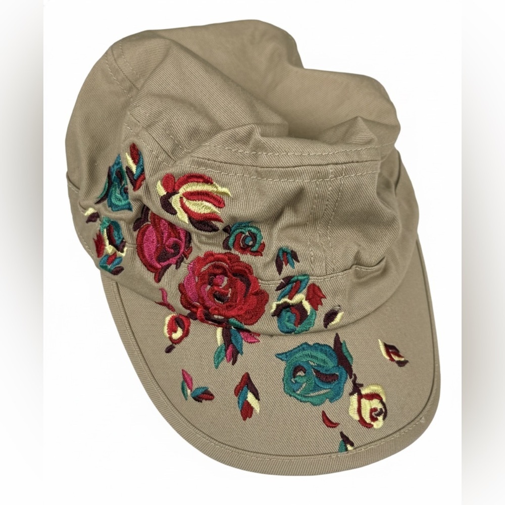 Beau Chapeau Hat Shop Embroidered
Floral Cadet Cap Tan Military Style
Adjustable